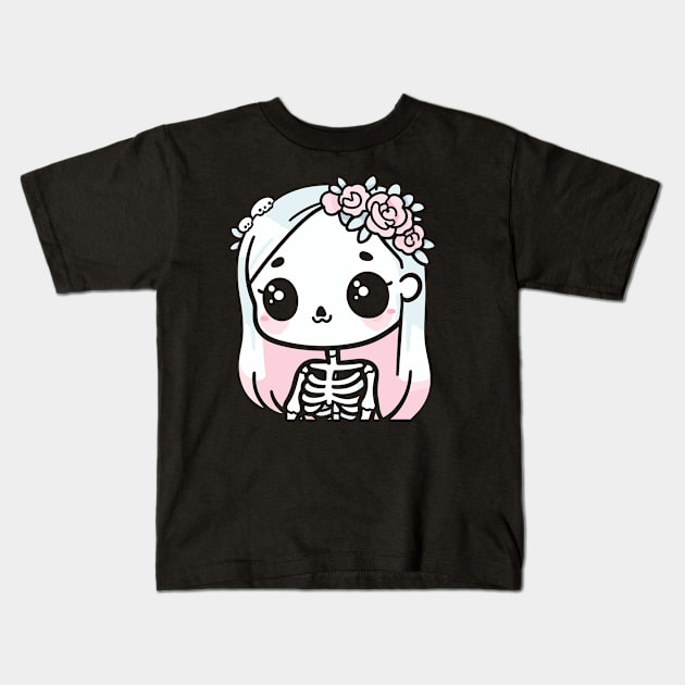 Cute Skeleton Girl with Flowers on Her Hair | Halloween Design in Kawaii Style Kids T-Shirt by Nora Liak